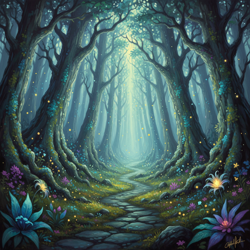 Un sentiero di pietra si snoda attraverso una foresta incantata illuminata da una luce soffusa e lucciole dorate.
