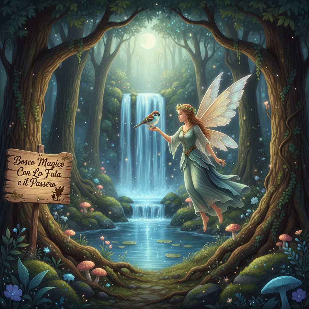 Una fata con grandi ali luminose tiene un uccellino sulla mano, fluttuando sopra un ruscello in un bosco incantato con una cascata sullo sfondo e un cartello di legno con la scritta "Bosco Magico Con La Fata e il Passero".