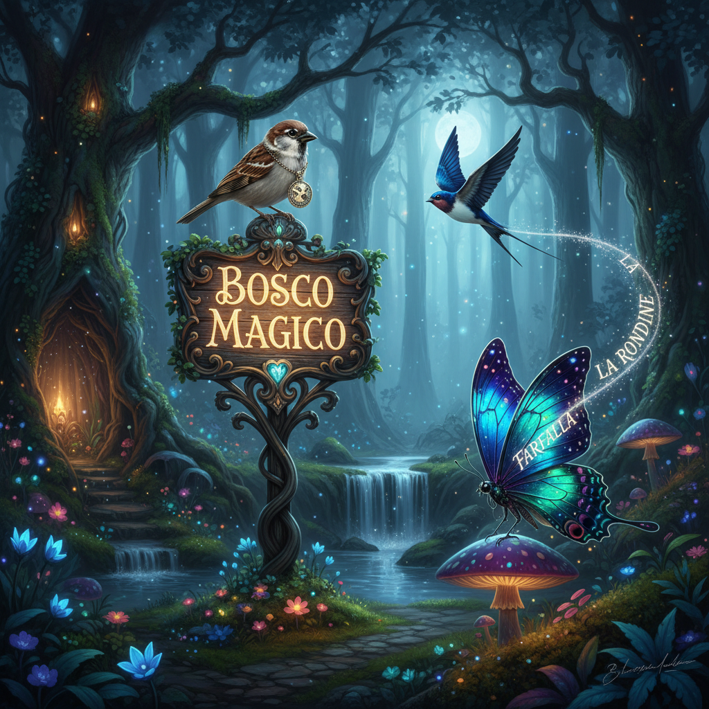 Un cartello di legno con la scritta Bosco Magico si erge in una foresta incantata, illuminata dalla luce della luna, con animali fantastici, una cascata e funghi luminescenti.