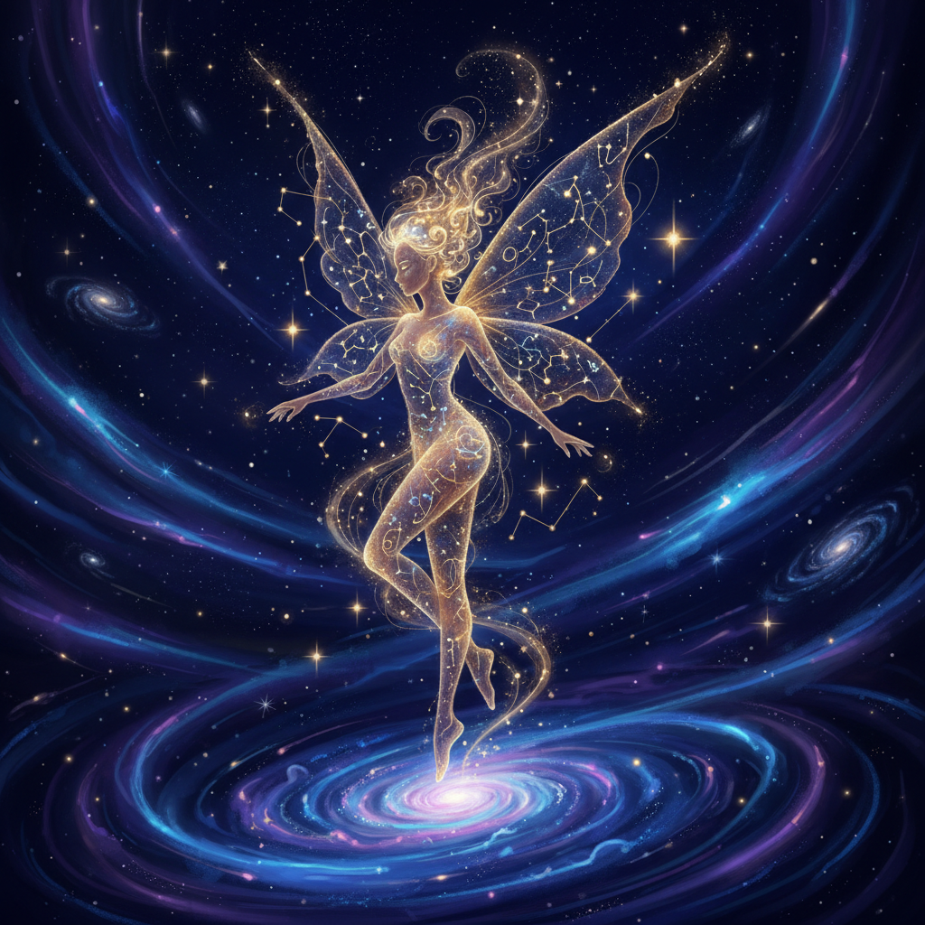 Una figura femminile luminosa con ali trasparenti fluttua in uno sfondo di spazio profondo con galassie vorticose e costellazioni di stelle.
