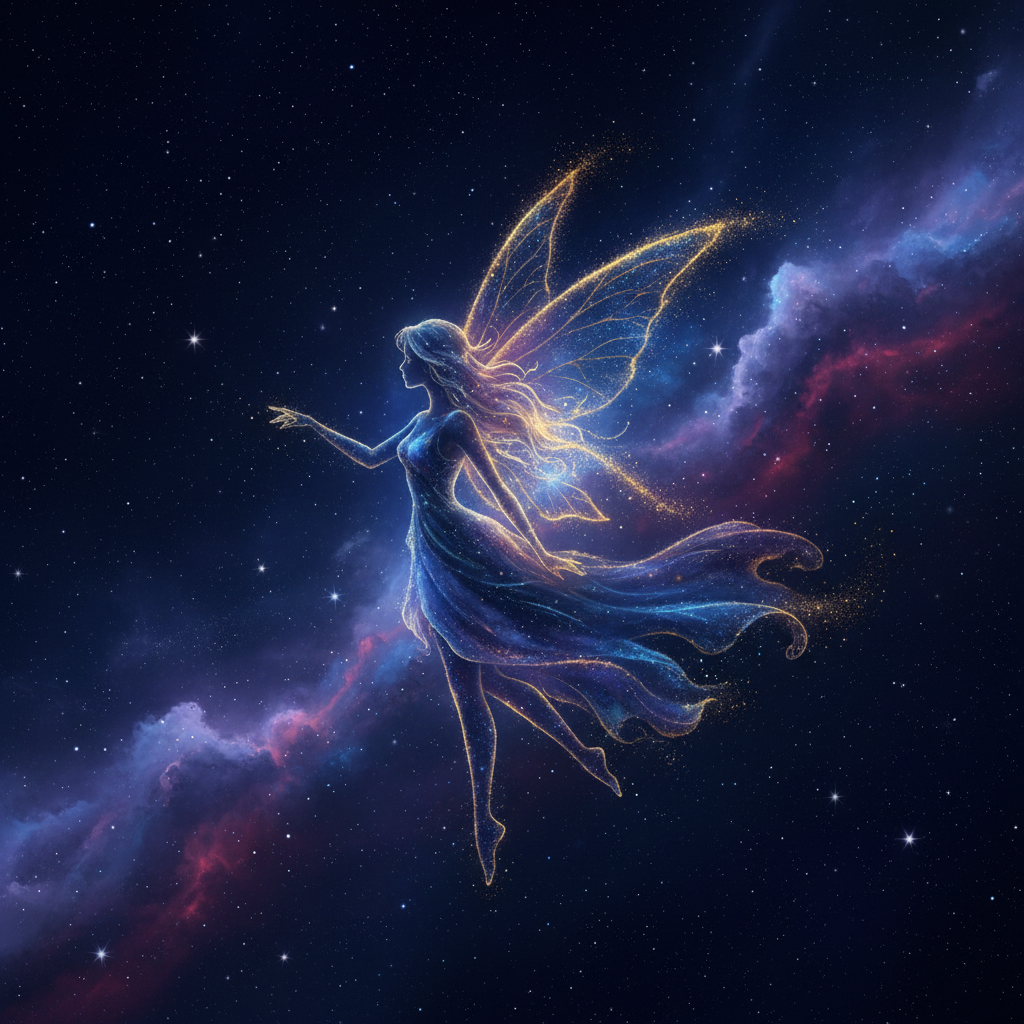 Una fata luminosa fluttua nello spazio profondo con le ali spiegate e una nebulosa sullo sfondo.