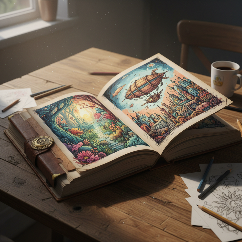 Un libro illustrato aperto su una scrivania di legno mostra disegni colorati di una foresta incantata e di una città fantastica con un dirigibile.