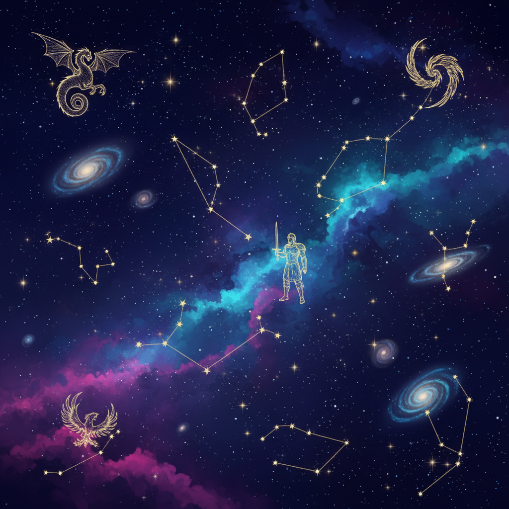 Un cielo stellato viola e blu decorato con costellazioni dorate, galassie e una figura guerriera al centro.